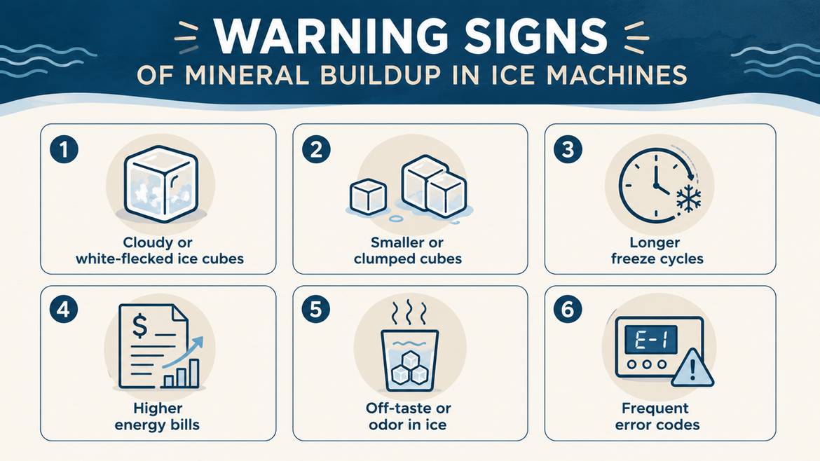 Six warning signs of mineral buildup in ice machines: cloudy ice, clumped cubes, longer freeze cycles, higher energy bills, off-taste, and error codes