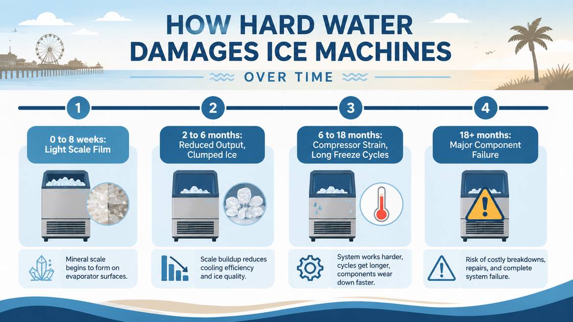 Timeline infographic showing how mineral buildup damages ice machines over 18 months
