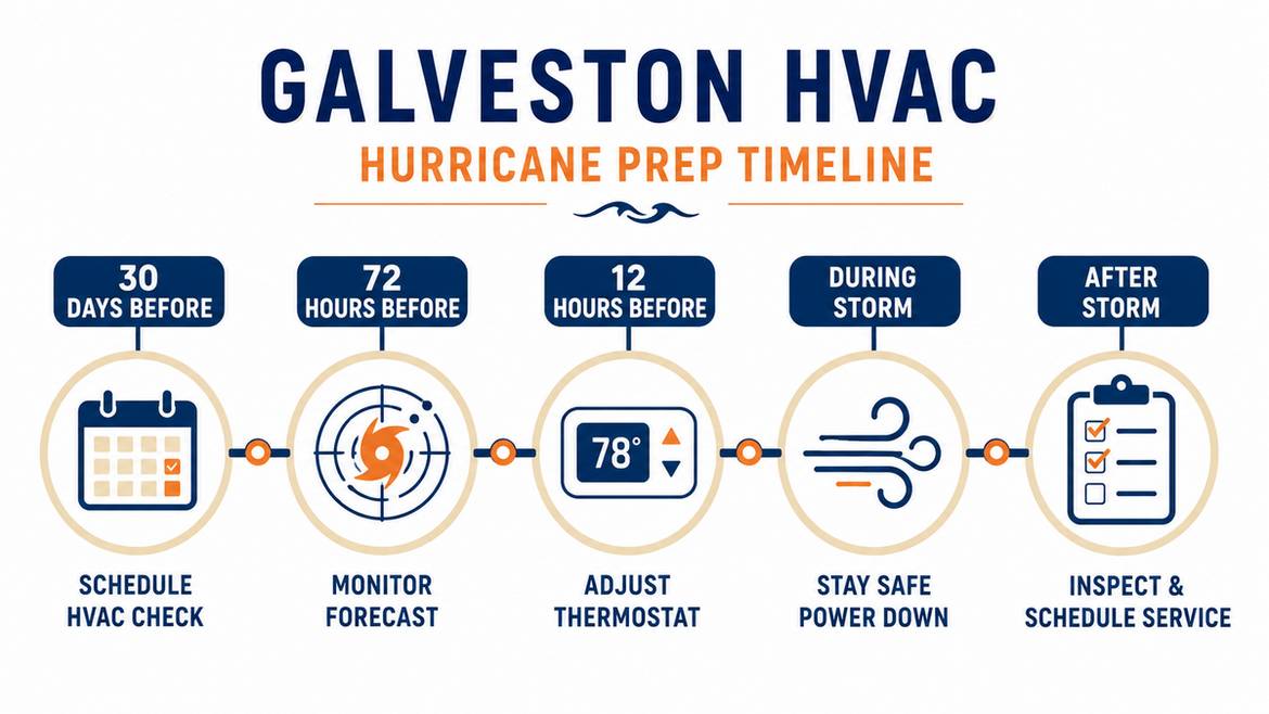 Infographic: Galveston HVAC hurricane prep timeline from 30 days before to post-storm
