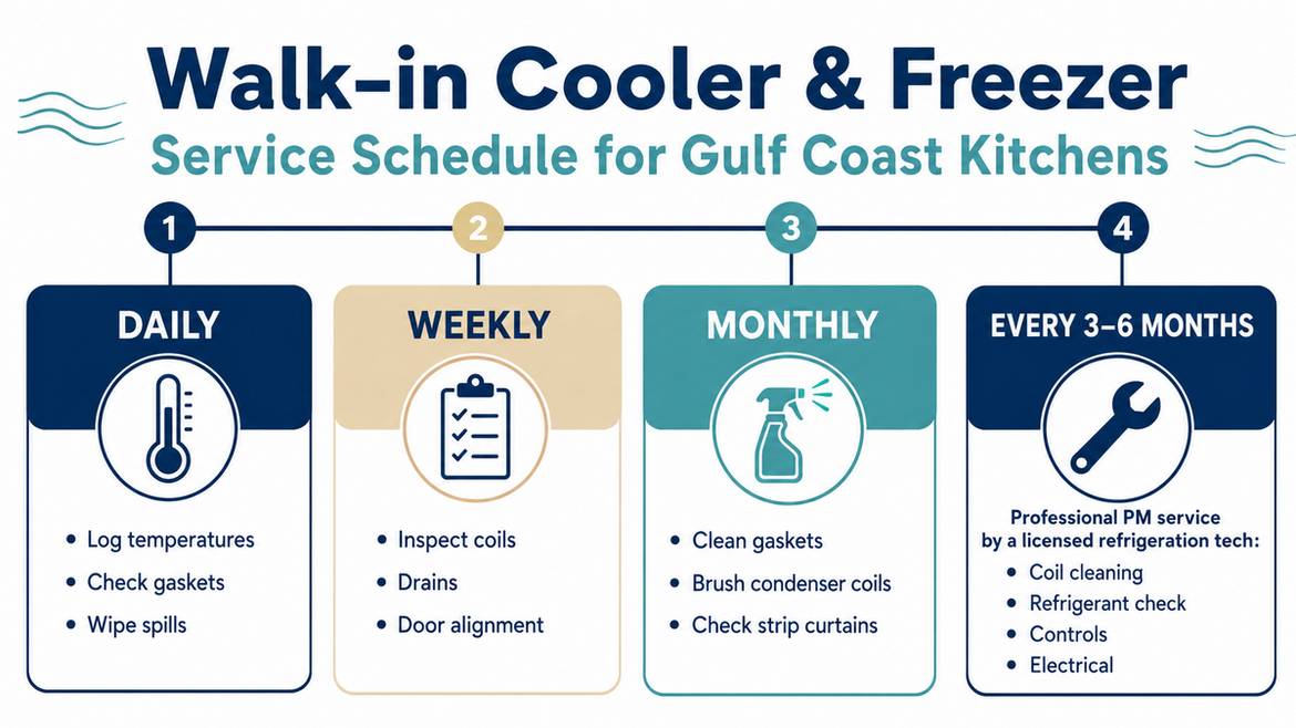 Walk-in cooler and freezer service schedule infographic for Gulf Coast kitchens showing daily, weekly, monthly, and quarterly maintenance tasks