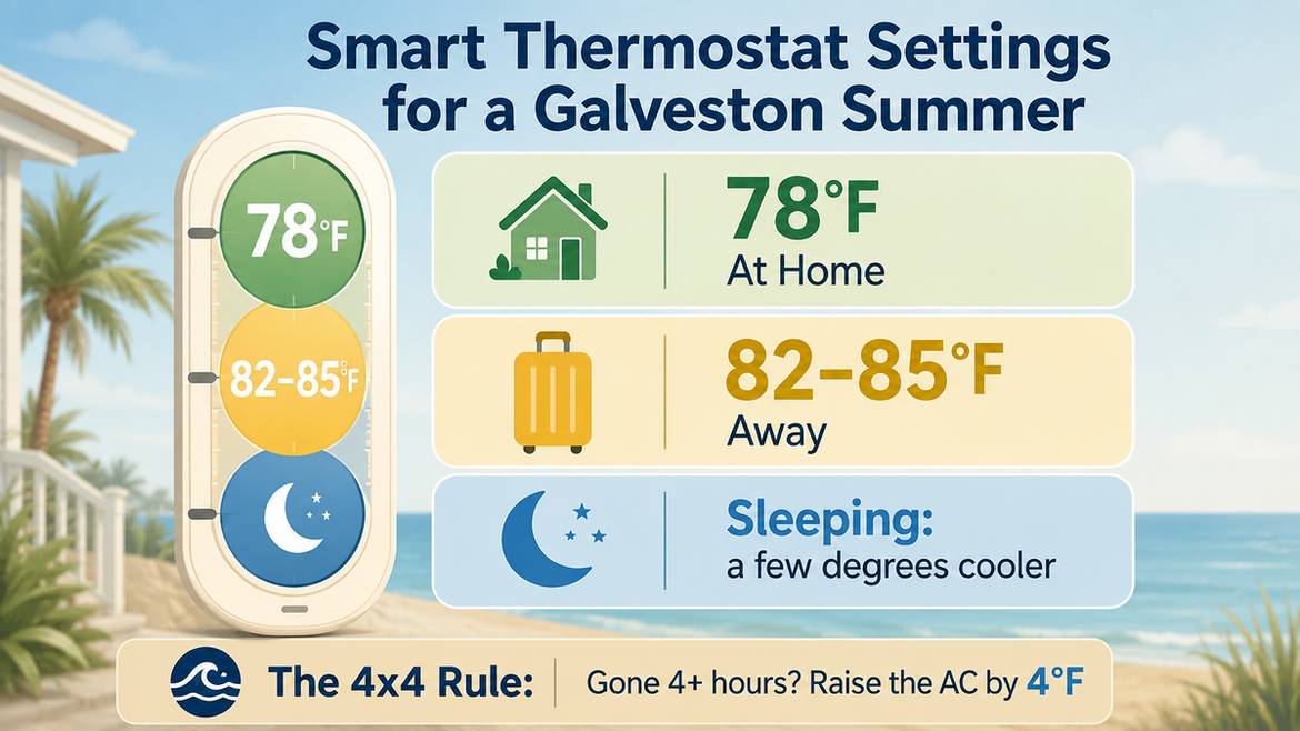 Infographic showing recommended summer thermostat settings for Galveston homes: 78F at home, 82 to 85F away, cooler at night, and the 4 by 4 rule for absences over 4 hours