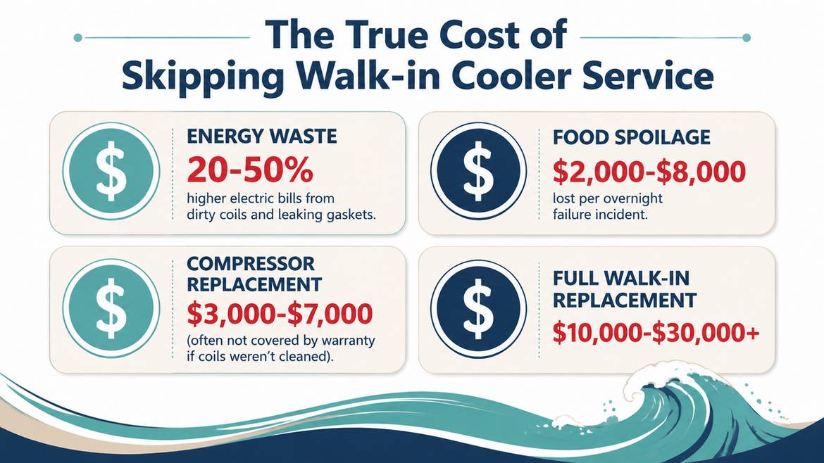 Infographic showing the true costs of skipping walk-in cooler and freezer service including energy waste food spoilage compressor replacement and full walk-in replacement