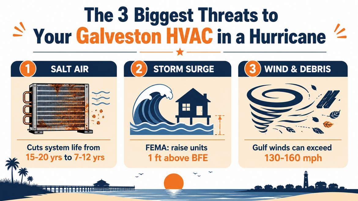 Infographic: three biggest HVAC hurricane threats in Galveston - salt air, storm surge, and wind