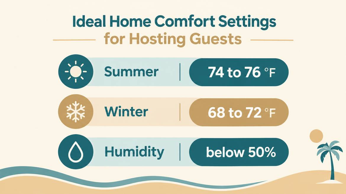 Ideal home comfort settings for hosting guests: summer 74 to 76 F, winter 68 to 72 F, humidity below 50 percent