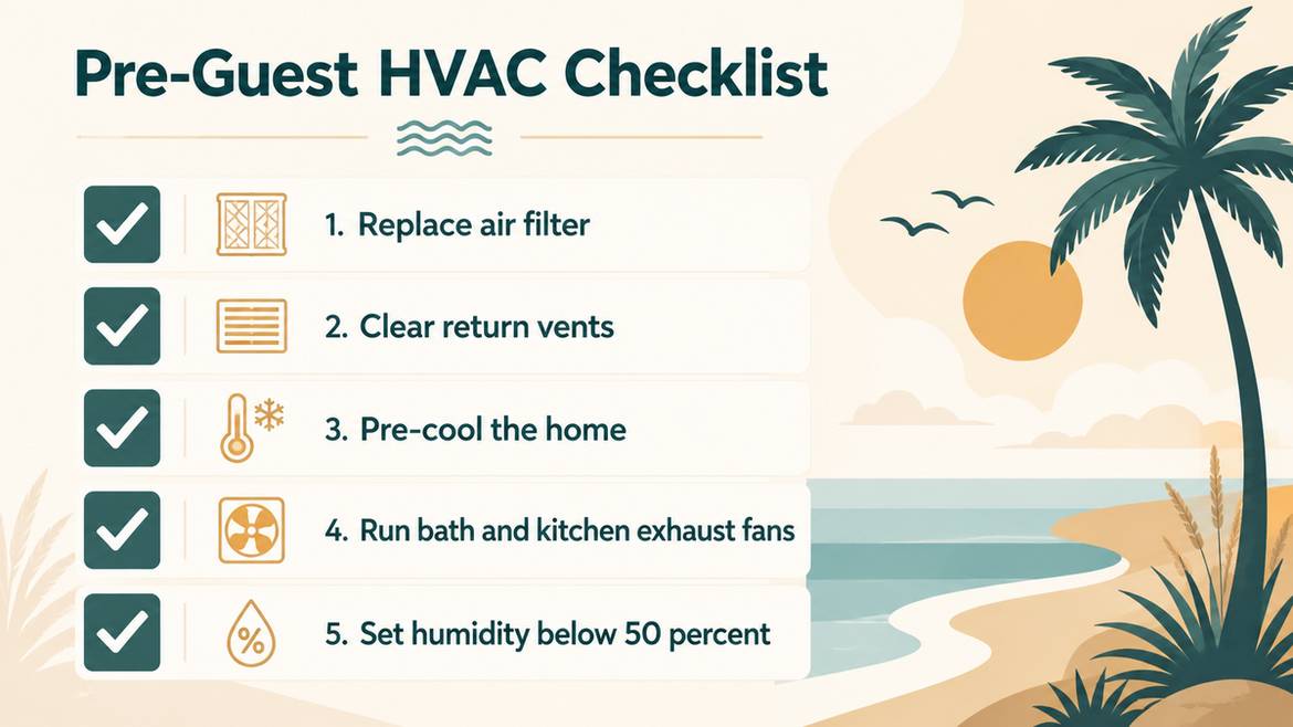 Pre-guest HVAC checklist: replace air filter, clear return vents, pre-cool the home, run bath and kitchen exhaust fans, set humidity below 50 percent