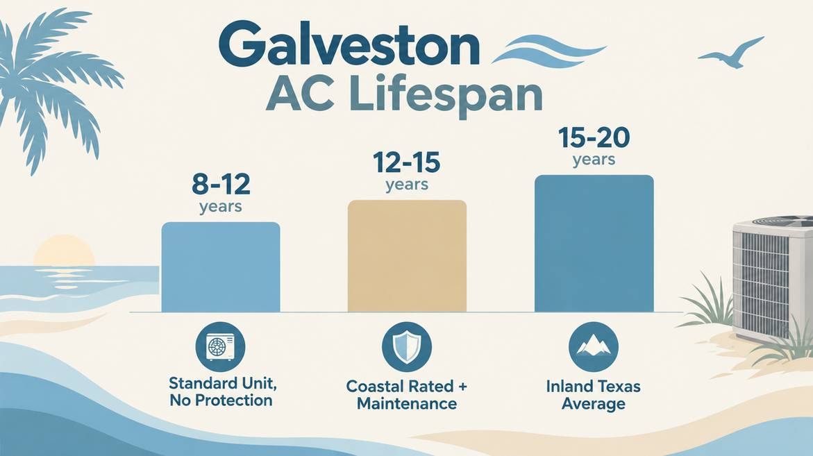 Infographic comparing AC lifespan for standard, coastal rated, and inland Texas units