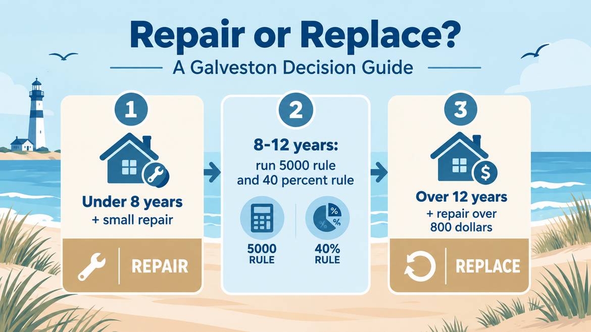 Flowchart infographic showing a repair or replace decision guide for Galveston homeowners