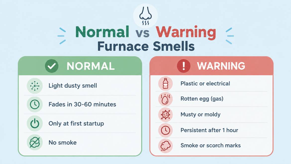 Infographic comparing normal furnace smells versus warning furnace smells with a side by side checklist