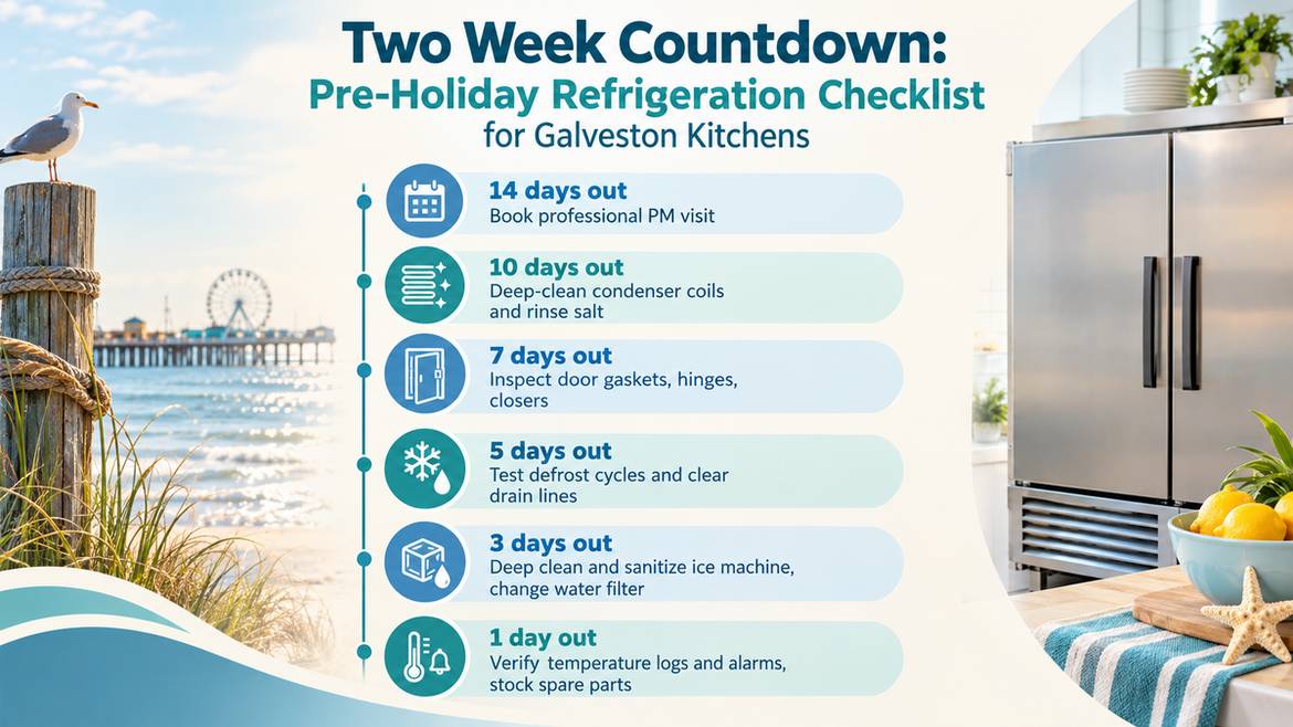 Two week countdown pre holiday refrigeration checklist for Galveston kitchens