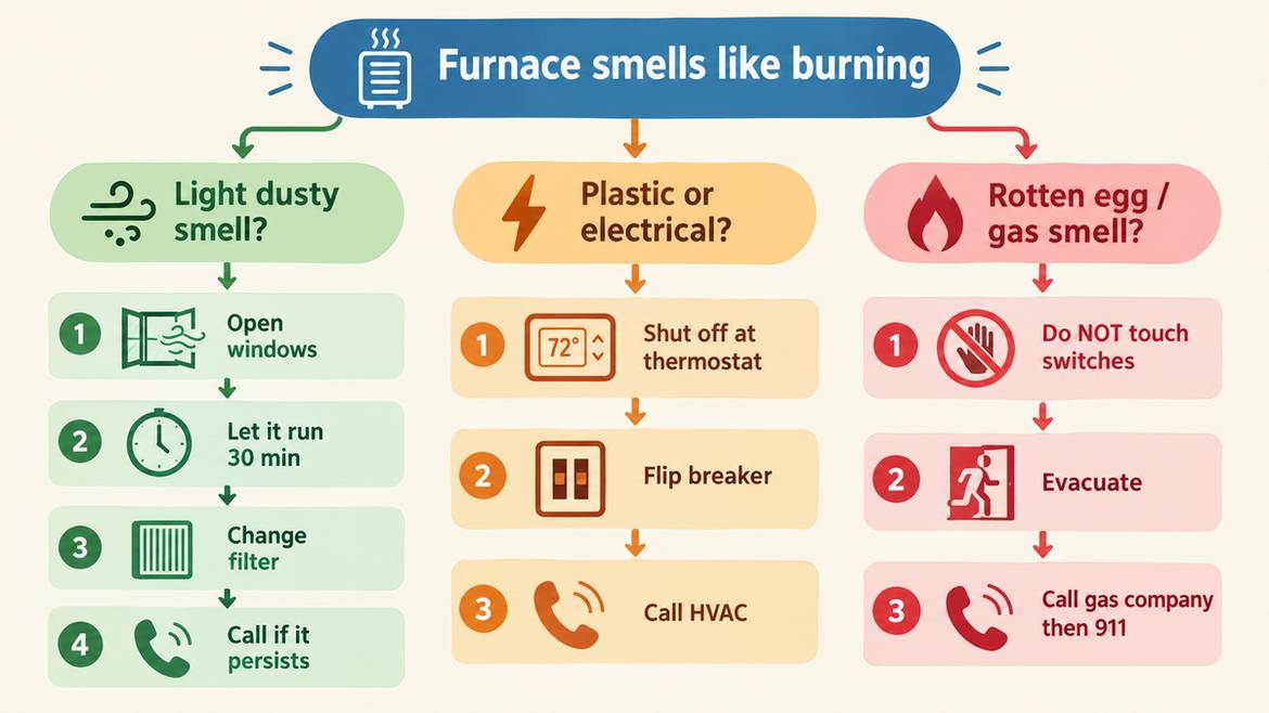 Flowchart infographic showing what to do when a furnace smells like burning, with three color coded paths for normal, electrical, and gas smells